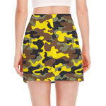 Yellow Brown And Black Camouflage Print Side Slit Mini Skirt