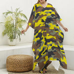 Yellow Brown And Black Camouflage Print Silk V-Neck Kaftan Dress