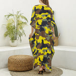 Yellow Brown And Black Camouflage Print Silk V-Neck Kaftan Dress
