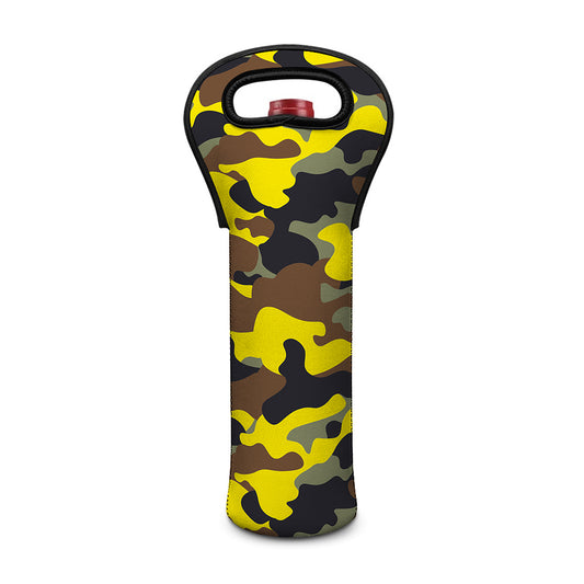 Yellow Brown And Black Camouflage Print Single Neoprene Wine Tote