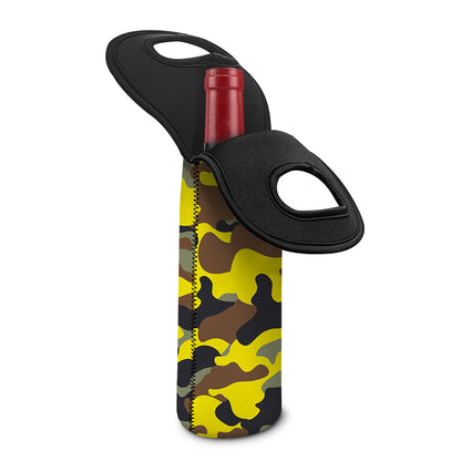 Yellow Brown And Black Camouflage Print Single Neoprene Wine Tote