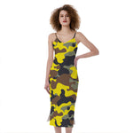Yellow Brown And Black Camouflage Print Slim Fit Midi Cami Dress