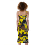 Yellow Brown And Black Camouflage Print Slim Fit Midi Cami Dress