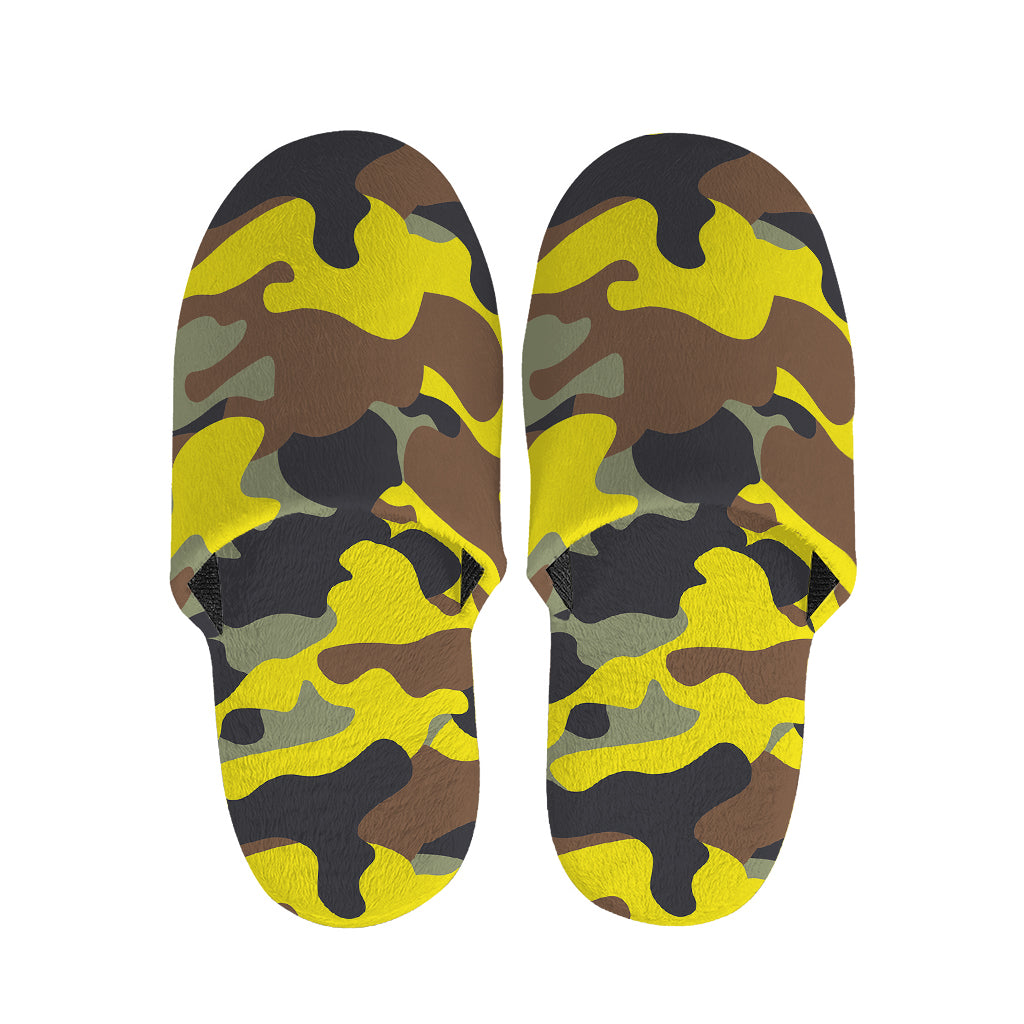 Yellow Brown And Black Camouflage Print Slippers