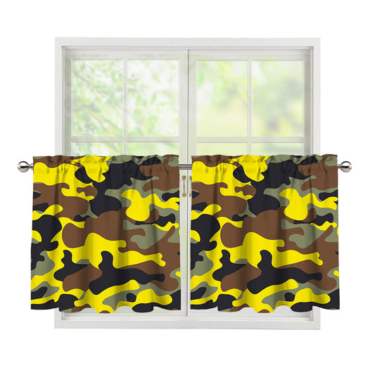 Yellow Brown And Black Camouflage Print Tier Curtains