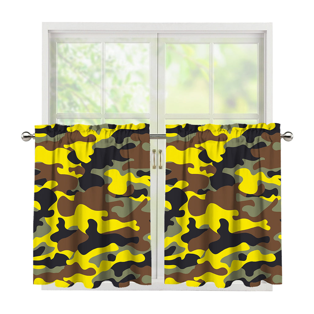 Yellow Brown And Black Camouflage Print Tier Curtains