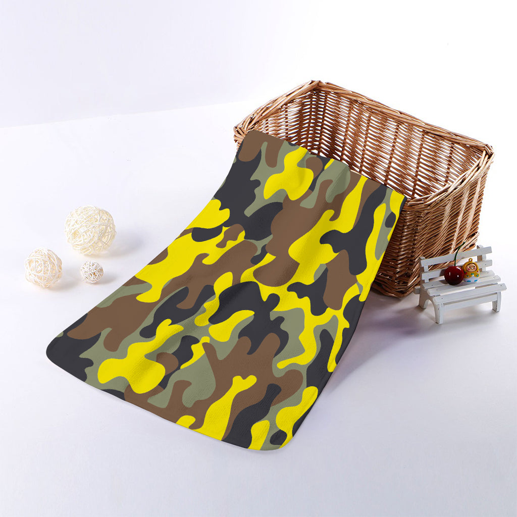 Yellow Brown And Black Camouflage Print Towel