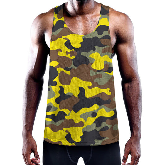 Yellow Brown And Black Camouflage Print Training Tank Top