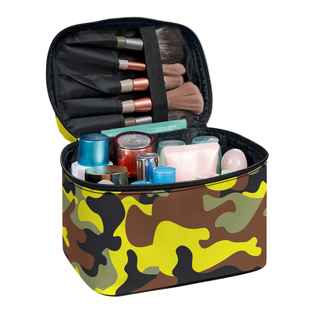 Yellow Brown And Black Camouflage Print Travel Makeup Bag