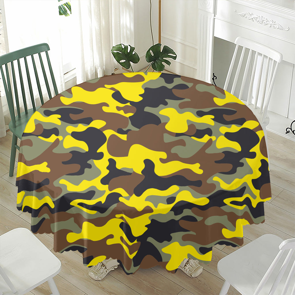 Yellow Brown And Black Camouflage Print Waterproof Round Tablecloth