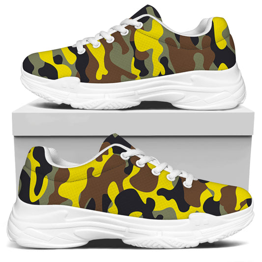 Yellow Brown And Black Camouflage Print White Chunky Shoes
