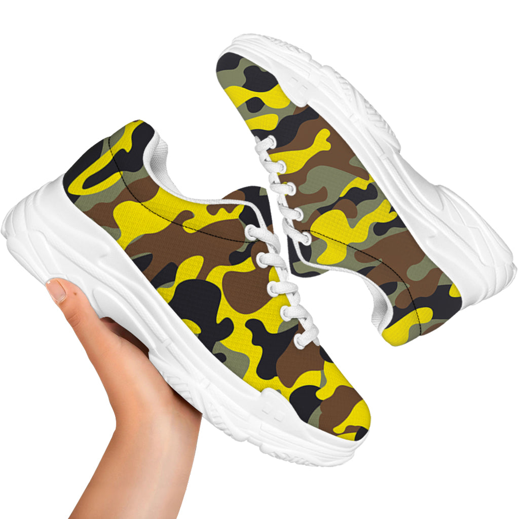 Yellow Brown And Black Camouflage Print White Chunky Shoes