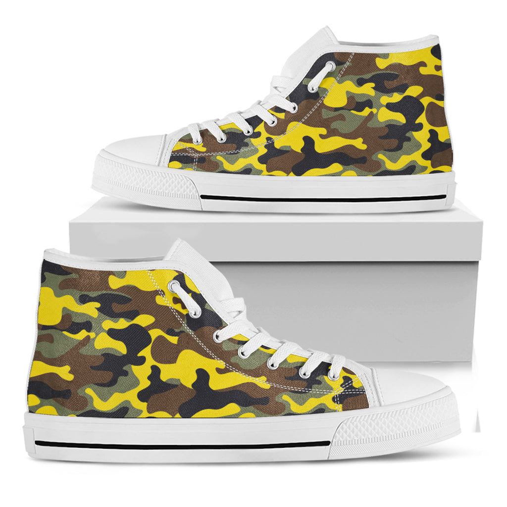 Yellow Brown And Black Camouflage Print White High Top Sneakers