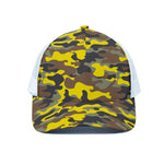Yellow Brown And Black Camouflage Print White Mesh Trucker Cap