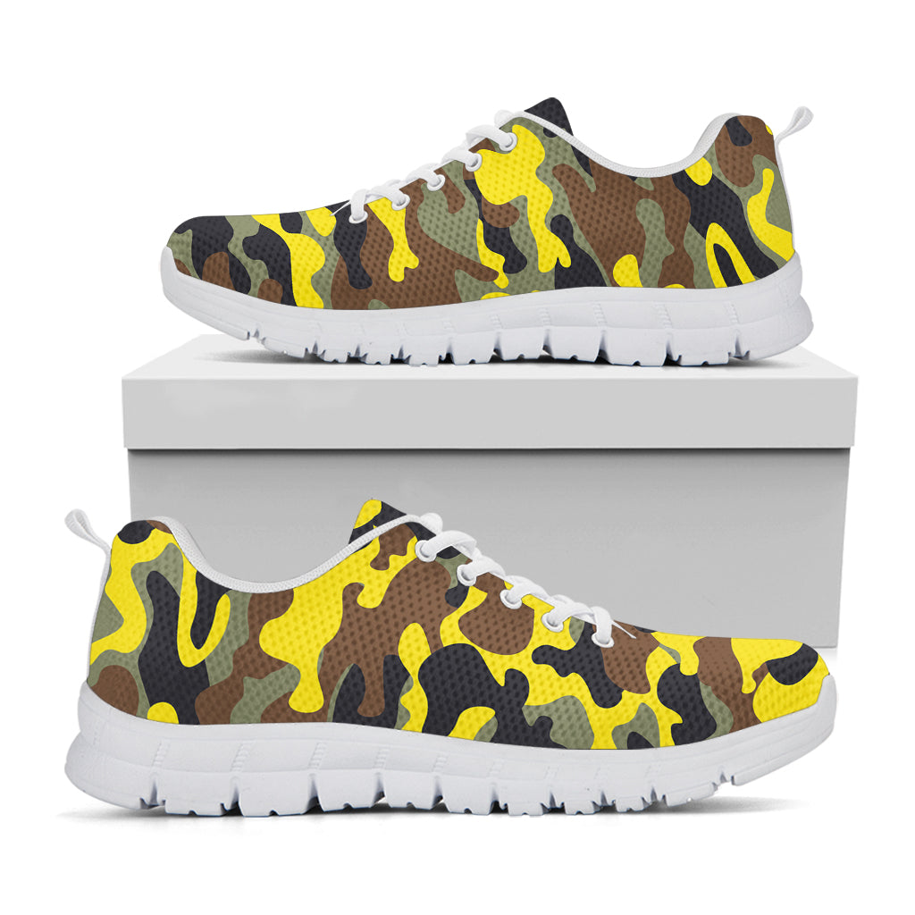 Yellow Brown And Black Camouflage Print White Running Shoes