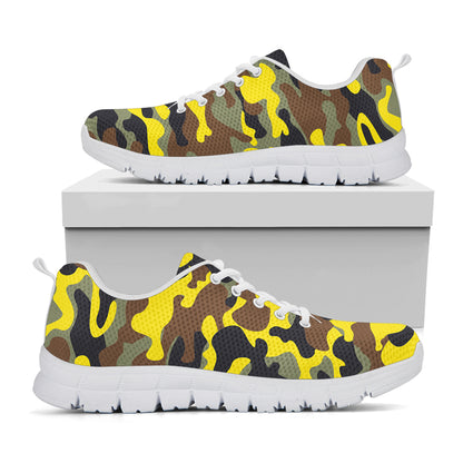 Yellow Brown And Black Camouflage Print White Running Shoes