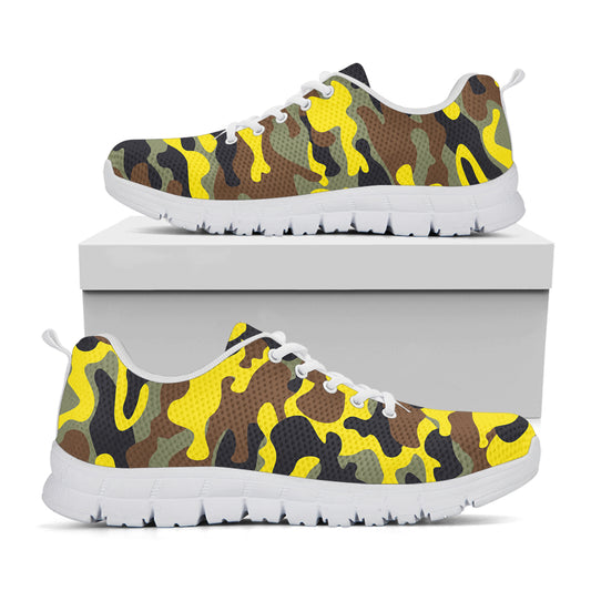 Yellow Brown And Black Camouflage Print White Running Shoes