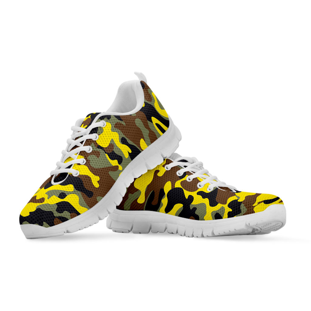Yellow Brown And Black Camouflage Print White Running Shoes