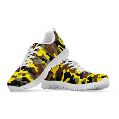 Yellow Brown And Black Camouflage Print White Running Shoes