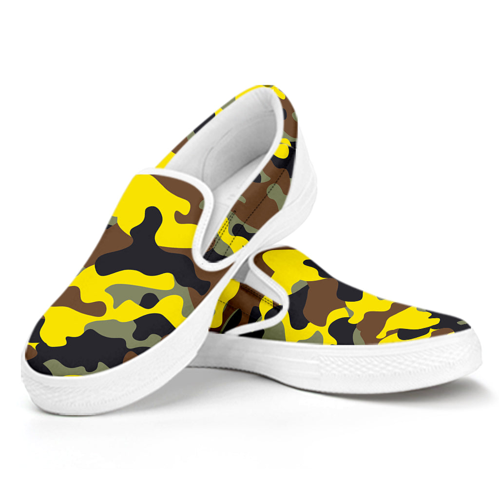 Yellow Brown And Black Camouflage Print White Slip On Sneakers