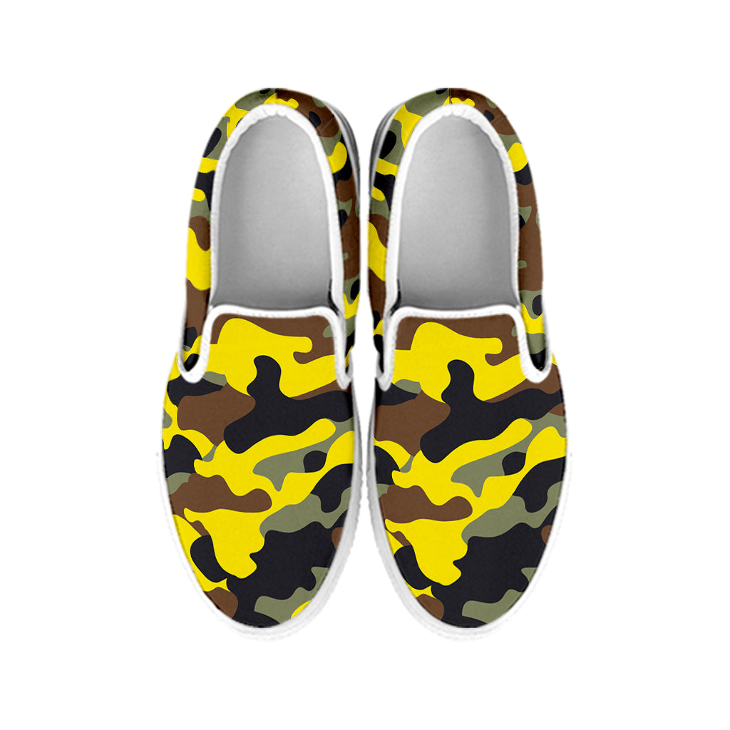 Yellow Brown And Black Camouflage Print White Slip On Sneakers