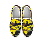 Yellow Brown And Black Camouflage Print White Slip On Sneakers