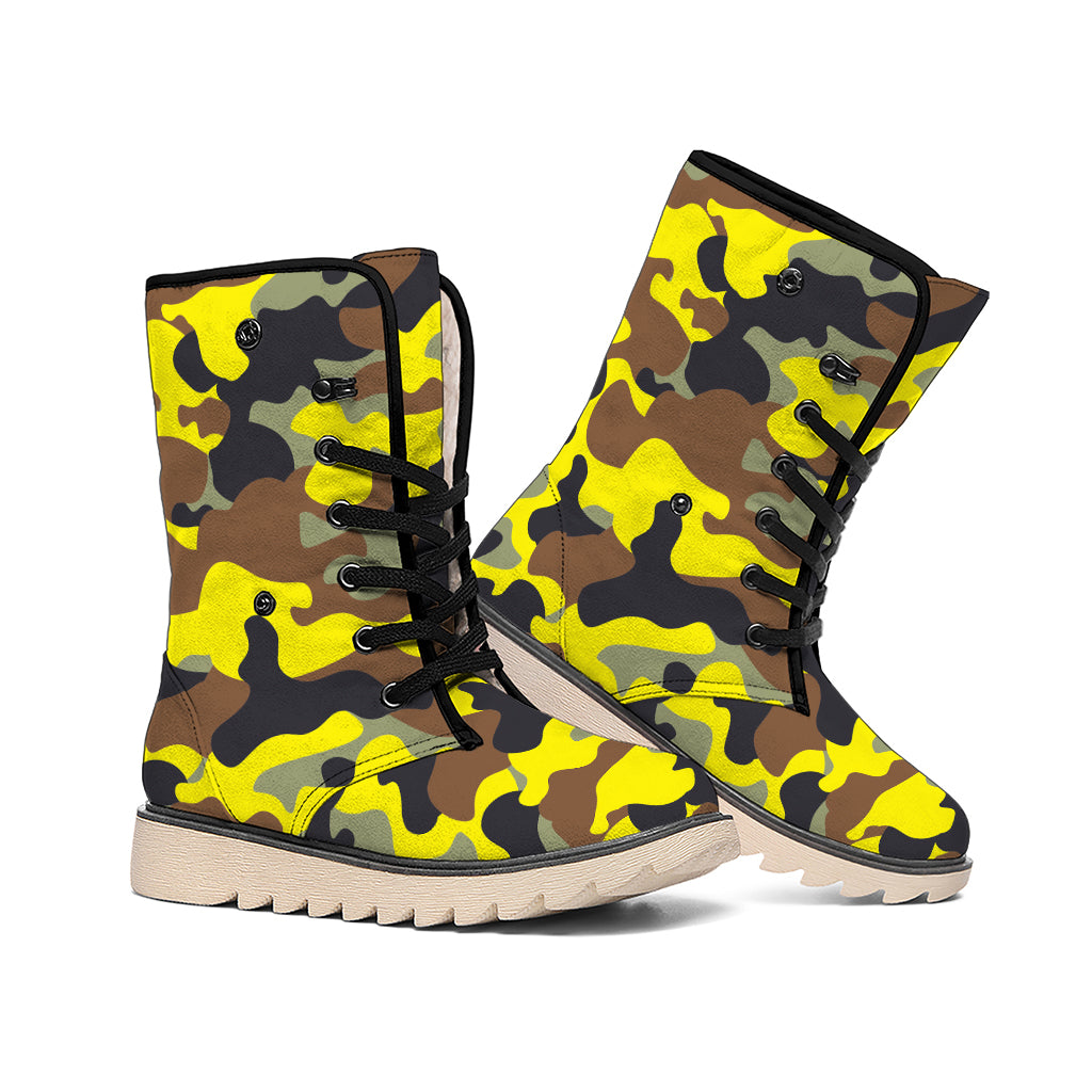 Yellow Brown And Black Camouflage Print Winter Boots