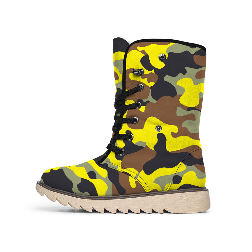 Yellow Brown And Black Camouflage Print Winter Boots