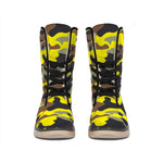 Yellow Brown And Black Camouflage Print Winter Boots