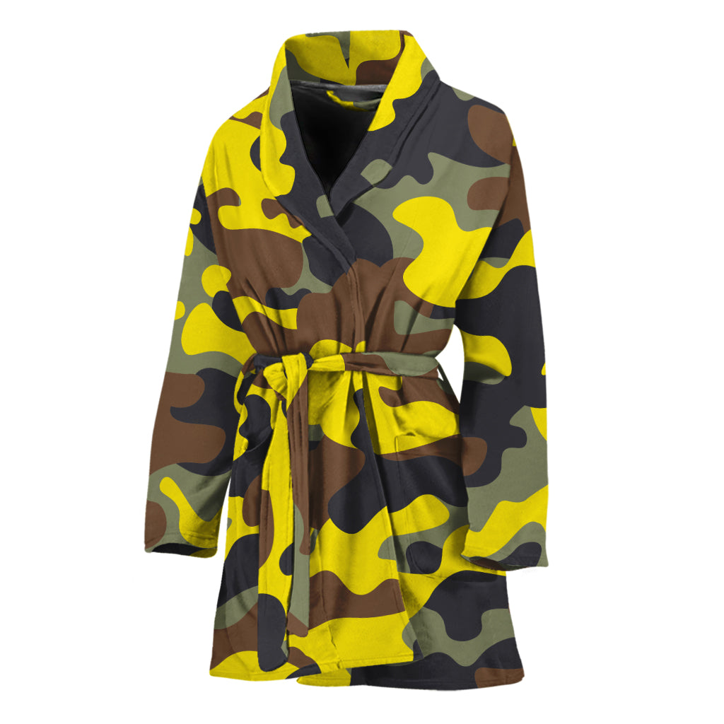 Yellow Brown And Black Camouflage Print Women's Bathrobe