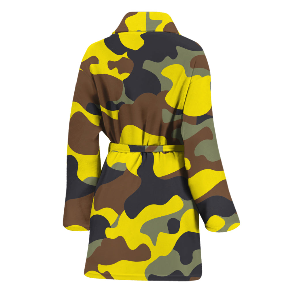 Yellow Brown And Black Camouflage Print Women's Bathrobe