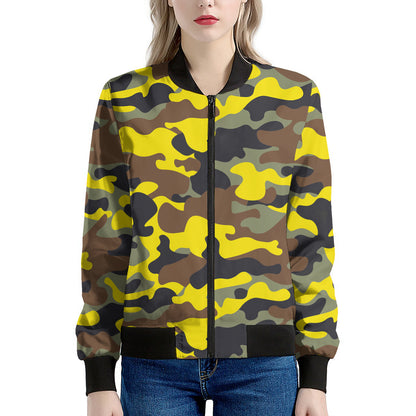 Yellow Brown And Black Camouflage Print Women's Bomber Jacket