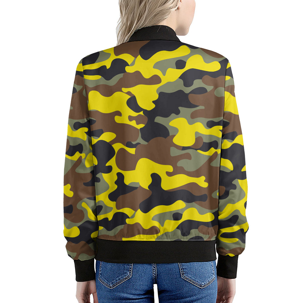 Yellow Brown And Black Camouflage Print Women's Bomber Jacket