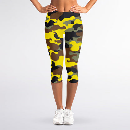 Yellow Brown And Black Camouflage Print Women's Capri Leggings