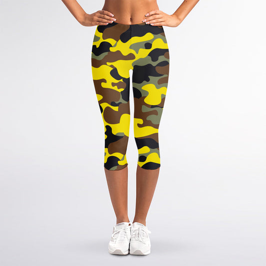 Yellow Brown And Black Camouflage Print Women's Capri Leggings