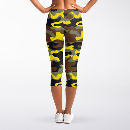 Yellow Brown And Black Camouflage Print Women's Capri Leggings