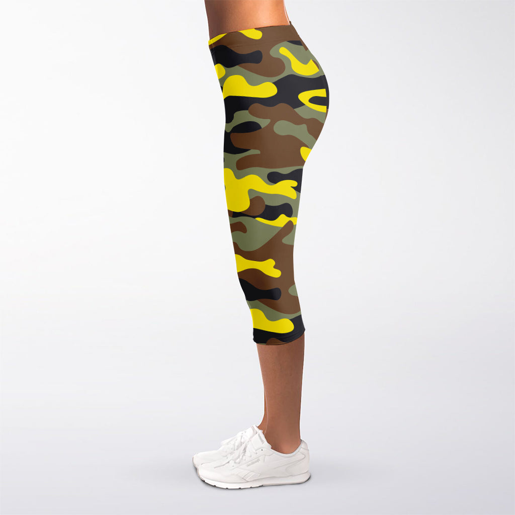 Yellow Brown And Black Camouflage Print Women's Capri Leggings