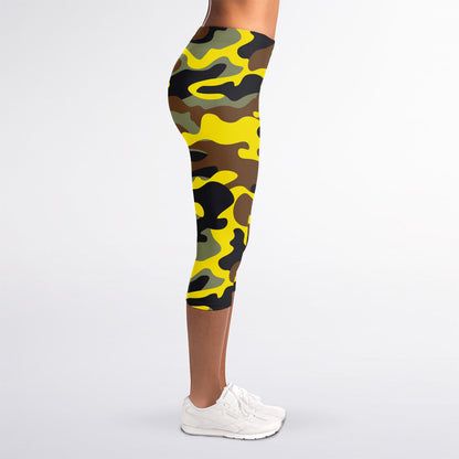 Yellow Brown And Black Camouflage Print Women's Capri Leggings
