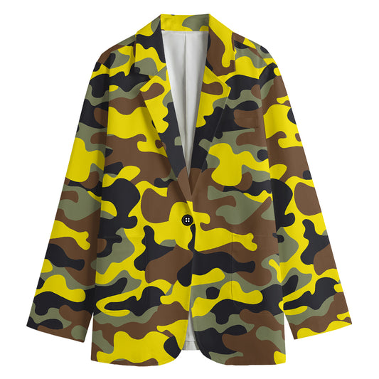 Yellow Brown And Black Camouflage Print Women's Cotton Blazer