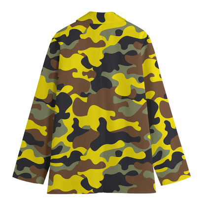 Yellow Brown And Black Camouflage Print Women's Cotton Blazer