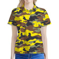 Yellow Brown And Black Camouflage Print Women's Polo Shirt