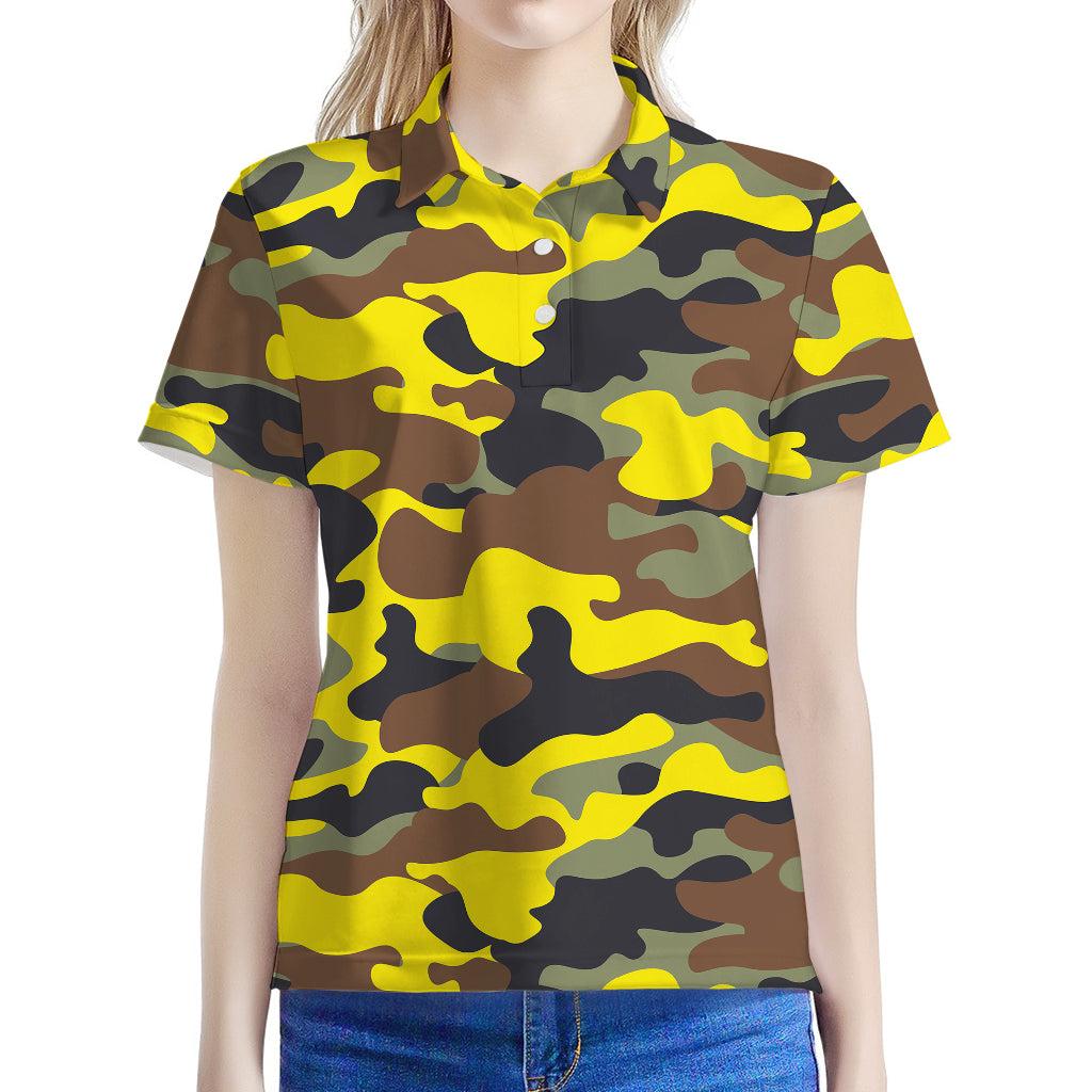 Yellow Brown And Black Camouflage Print Women's Polo Shirt