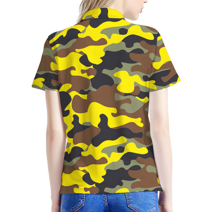 Yellow Brown And Black Camouflage Print Women's Polo Shirt