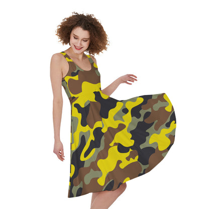 Yellow Brown And Black Camouflage Print Women's Sleeveless Dress