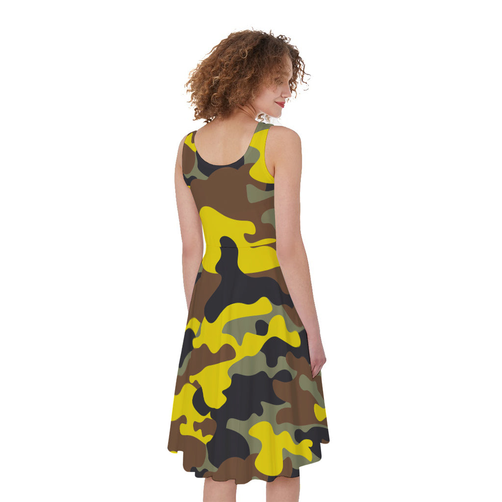 Yellow Brown And Black Camouflage Print Women's Sleeveless Dress