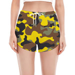 Yellow Brown And Black Camouflage Print Women's Split Running Shorts