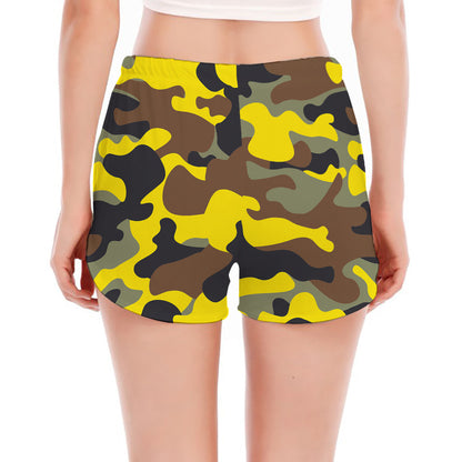 Yellow Brown And Black Camouflage Print Women's Split Running Shorts