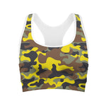Yellow Brown And Black Camouflage Print Women's Sports Bra