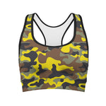 Yellow Brown And Black Camouflage Print Women's Sports Bra