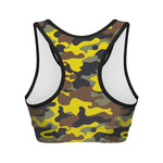 Yellow Brown And Black Camouflage Print Women's Sports Bra